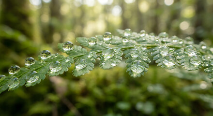 Close up of fern leaf with water droplets in natural forest environment