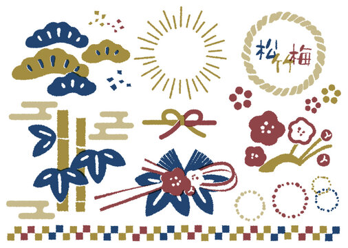 新春を飾る松竹梅　和モダンカラーの版画風イラストセット