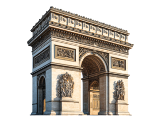 Arc de Triomphe: The iconic Arc de Triomphe, a symbol of Parisian grandeur and historical significance, stands proudly against a clear blue sky, showcasing intricate architectural details.