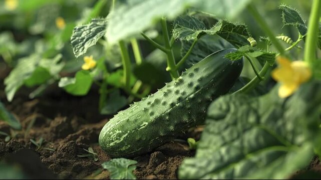 A close-up view of a green spiny cucumber resting on dark soil surrounded by the plants leaves vines and small yellow flowers in a garden setting
