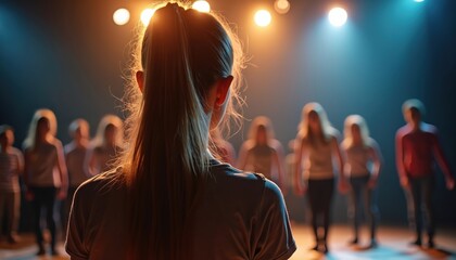 Teen actors practice on stage in a theater under warm lights. Young performers rehearse dialogue and movement for a new play. Kids learn acting skills and build confidence for a show.