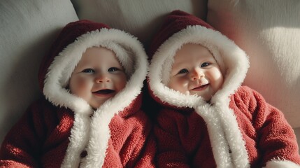 Twin babies dressed in Santa costumes are happily lying on a white cushion.