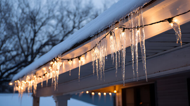 A row of icicles hangs from the edge of a roof covered with snow, illuminated by warm lights, casting a wintery glow on a chilly evening. Winter's icy artwork. - Powered by Adobe