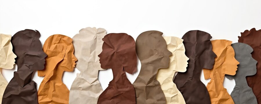 Group of diverse human profiles made from crumpled paper, representing different skin tones. People of color stand together side by side, symbolizing unity and equality.