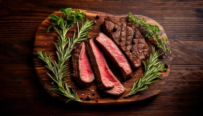succulent slices of juicy steak rest on a rustic wooden table fresh herbs surround the meat creating a natural and inviting presentation ideal for food photography or recipe inspiration ai