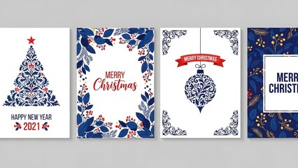 Set of four elegant christmas and new year greeting card designs featuring blue and white floral and festive ornament patterns, perfect for holiday season promotion