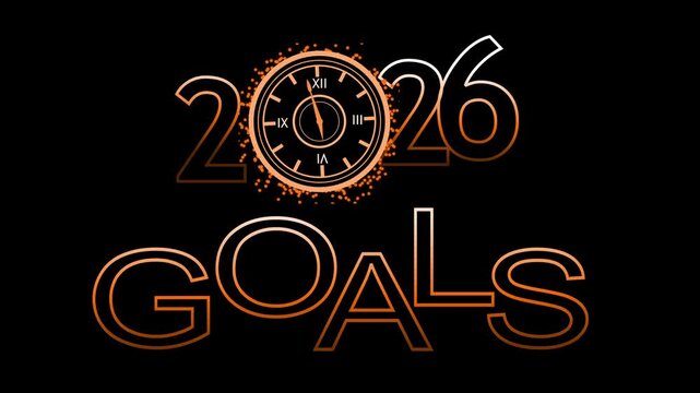 Featuring the year 2026 with a clock and the word GOALS in bold letters animation