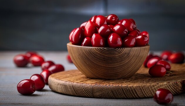 close up of ripe cornelian cherries in a wooden bowl on a rustic wooden cutting board seasonal organic fruits ready for healthy cooking or homemade recipes