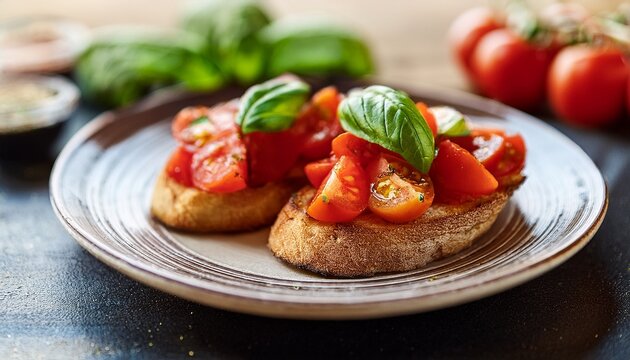 delicious bruschetta with fresh tomatoes and basil this image captures a vibrant appetizer served on toasted bread a classic italian dish perfect for sharing ai