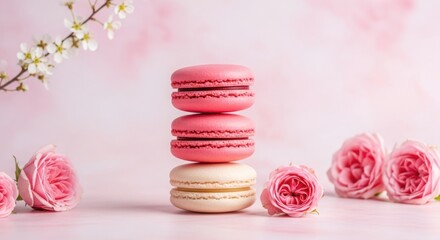 Sweet pink macarons with delicate roses and blossoms