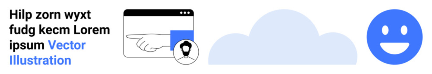 Technology, cloud computing, user interaction, online communication, data sharing, identity. A browser window with a pointing hand, a cloud shape and a blue happy face. Technology and cloud