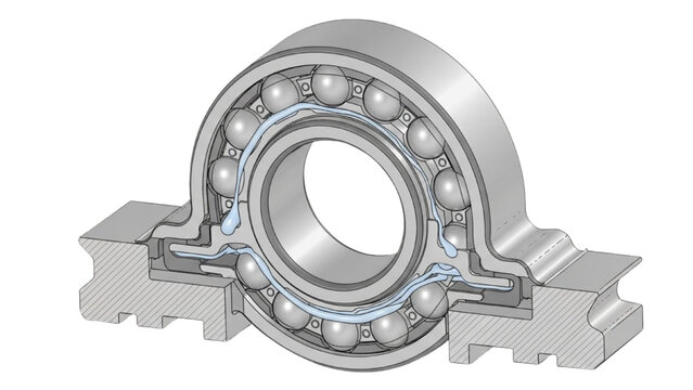 Cutaway View of Ball Bearing Assembly in Industrial Machinery, 3D Illustration Showing Internal Components and Mechanics