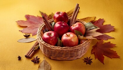 wicker basket filled with red apples and leaves surrounded by cinnamon sticks star anise and dry leaves on yellow fabric