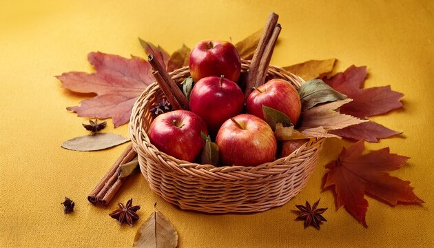 wicker basket filled with red apples and leaves surrounded by cinnamon sticks star anise and dry leaves on yellow fabric - Powered by Adobe