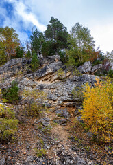 A fairy-tale autumn forest in a colorful outfit during the seasonal period of the year in the foothill area