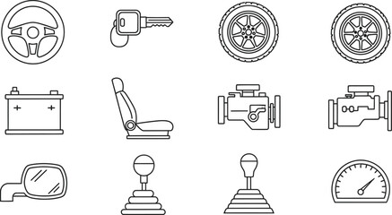 Collection of automotive icons representing essential car parts and controls