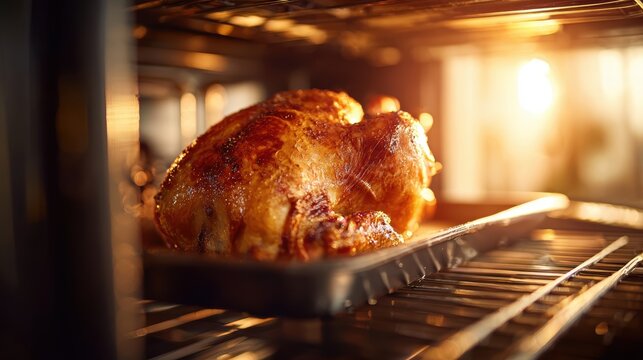Golden Roasted Delight: A succulent, golden-brown chicken is roasted to perfection inside a hot oven. The image captures the inviting warmth and anticipation of a delicious meal.