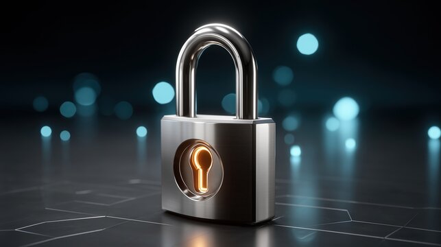 Digital Security Padlock with Glowing Keyhole on Futuristic Background