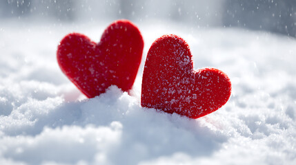 Fototapeta premium Two bright red hearts stand nestled in the fresh, powdery snow. The scene is softened by falling snowflakes, creating a romantic and serene winter love scene, perfect for Valentine's Day.
