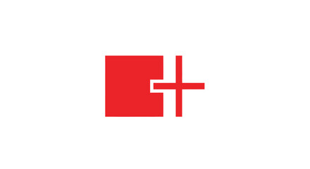 Simple red design of a square intersecting with a plus sign on white