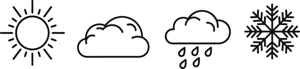 Simple line icons depict sun, clouds, rain, and snowflake for weather forecast