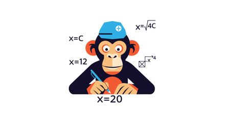 Cartoon monkey wearing a cap, doing math