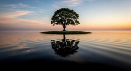 Solitary tree on island reflected in calm water at sunset