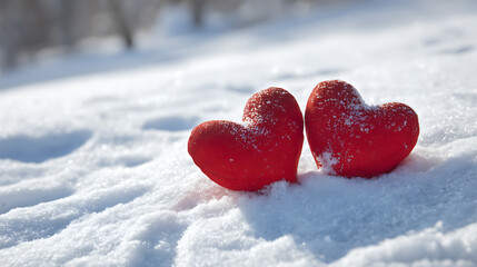 Fototapeta premium A romantic scene unfolds with two red hearts nestled in glistening snow, illuminated by soft light. Symbolizing love's warmth amid winter's chill, it's a serene, emotive moment.