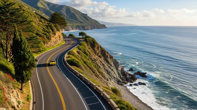Yellow convertible driving on a winding coastal highway overlooking the pacific ocean