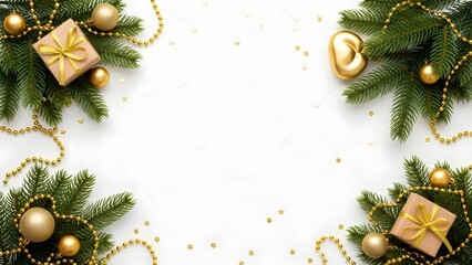 Festive christmas border frame with evergreen branch, gold ornament, bead garland, and gift box decoration isolated on white background for holiday design