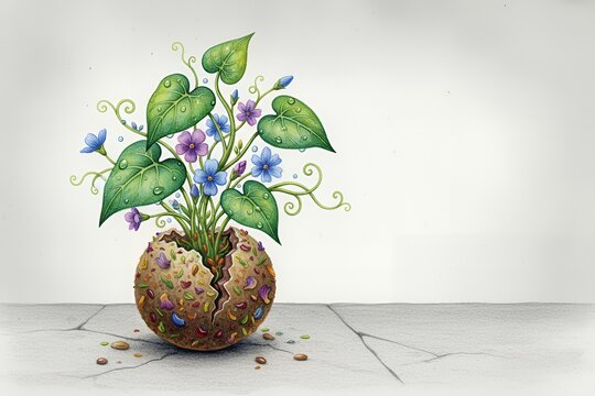 Colorful plant growing from cracked egg-shaped pot on neutral background urban greening campaign