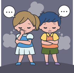 Concerned Children Standing Quietly Cute Cartoon. Perfect for educational materials, emotional awareness themes, children mental health illustrations, and storytelling graphics.