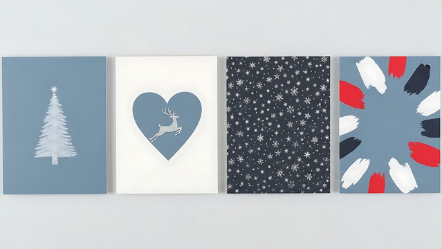 Elegant collection of winter holiday greeting cards featuring festive tree, reindeer, and snow patterns