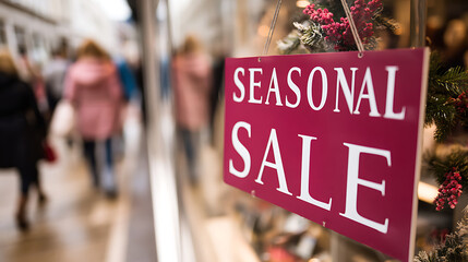 A vibrant 'Seasonal Sale' sign adorns a store window, hinting at festive savings. Shoppers pass by, blurred, creating a sense of bustling activity and holiday excitement.
