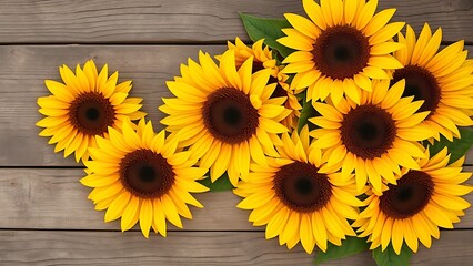 Obraz premium topdown. Sunflowers arranged on rustic wood bathed in golden light, top-down perspective. gardening catalogs, home-decor guides, designed for home decor and floral branding 