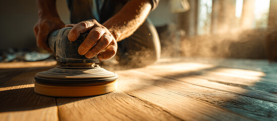 Worker polishes wooden surface floor home