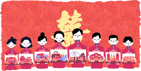 Proposal Ceremony Characters Holding Dowry Gifts Vector. Ideal for wedding invitations, cultural content, Chinese celebration themes, event guides, and heritage illustrations.