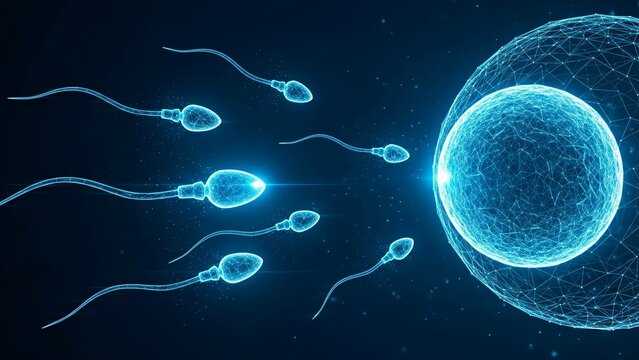 Sperm cells approaching an egg cell in a digital illustration  