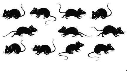 Black Mouse and Rat Silhouette Set, Rodent Group with Long Tail, Pest Animal Icon Collection Isolated on White Background, Laboratory Wildlife Flat Vector Illustration