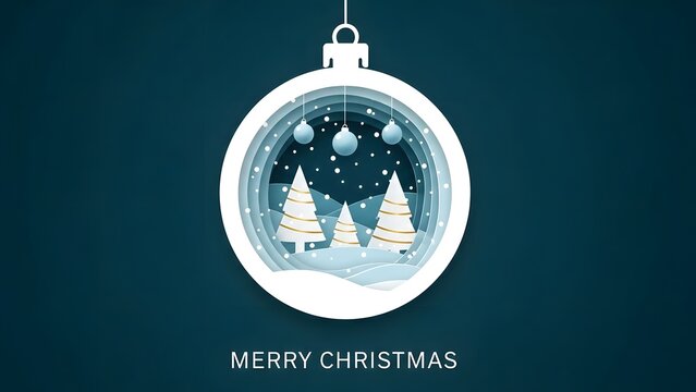 Paper cut style christmas ornament with winter scene inside featuring snow covered tree and falling snow, merry christmas text below on dark blue background - Powered by Adobe
