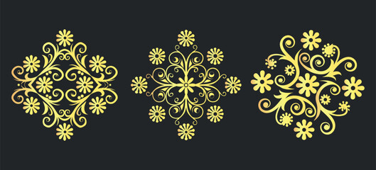 Intricate golden floral patterns, elegant decorative vector elements.