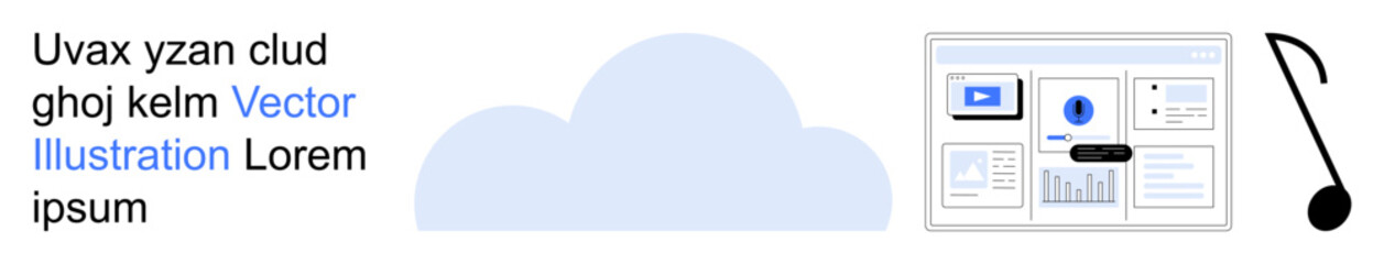 Cloud computing, digital storage, media content, data analysis, technology services, music distribution. A cloud icon next to digital panels and a music note. Cloud computing and digital storage