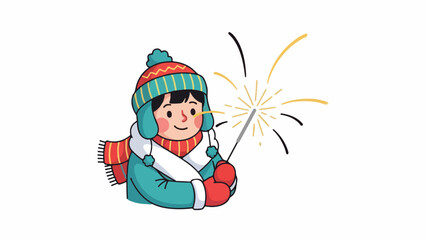 A cheerful child in winter attire holds a lit sparkler, celebrating with joy.
