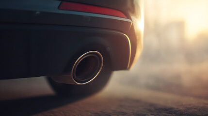 Sleek automotive design, emphasizing the polished exhaust of a modern vehicle, framed against a soft, diffused sunlight. Car detail, precision engineering, automotive.