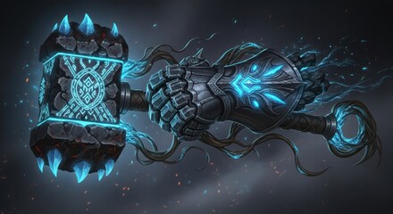 Powerful fantasy warhammer infused with glowing arcane energy materializes in darkness