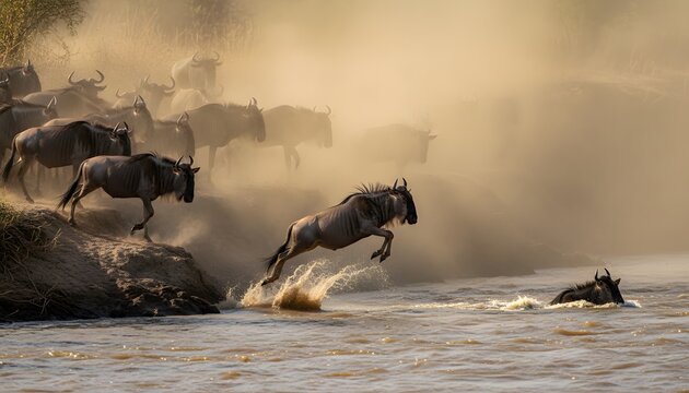 Wildebeest migration thrilling river crossing in the serengeti east africa
