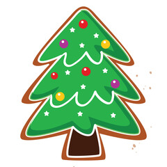 A christmas tree cookie decorated with colorful ornaments and white icing on a white background vector