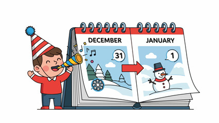 Cartoon illustration of a boy celebrating New Year's Eve with a party hat and horn, next to a calendar flipping from December 31st to January 1st, featuring snowy winter scenes.