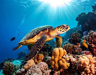 Naklejka premium Sea turtle on coral reef, sunlight