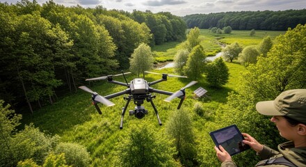 Operator controls sophisticated unmanned aerial vehicle flying over lush natural landscape